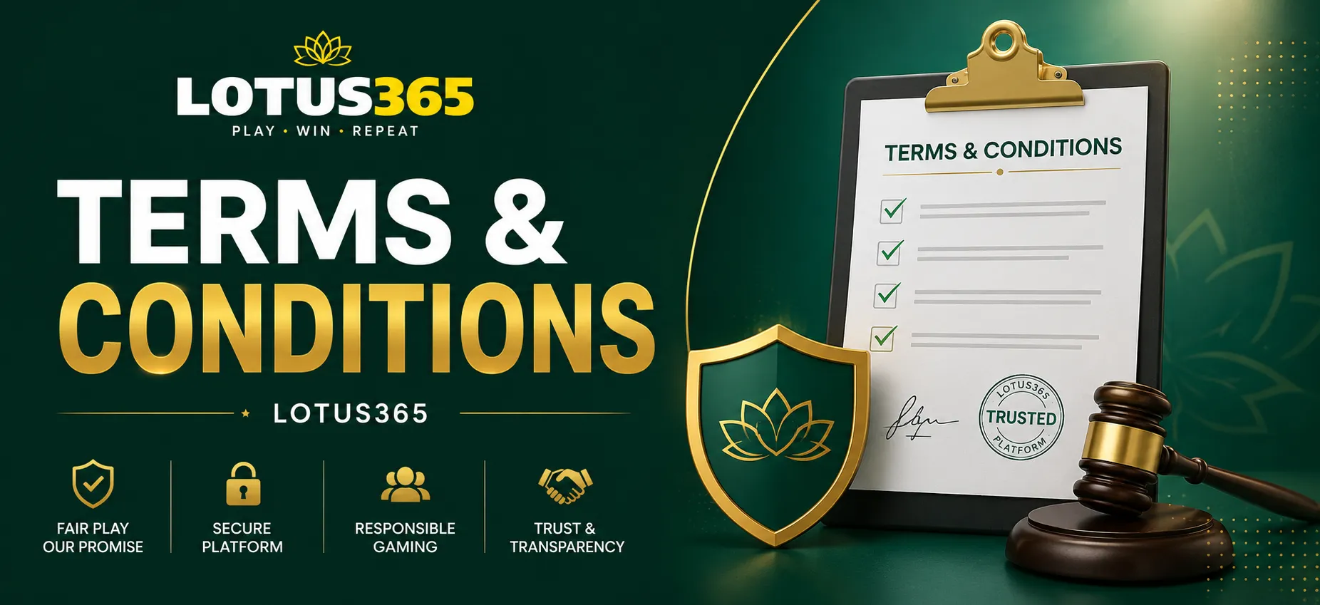 Terms & Conditions – Lotus365 Hero Banner featuring a legal clipboard, security shield, judge's gavel, and trusted gaming platform elements in a green and gold theme.